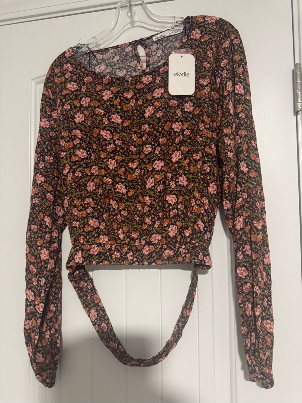 Elodie Pink Floral Tie-Back Long Sleeve Crop Top on Black - Picture 2 of 5